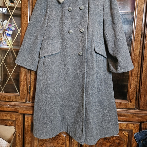 Vintage Anglo Fabrics Womens XL Wool Double Breasted Long Grey Jacket - Picture 3 of 8